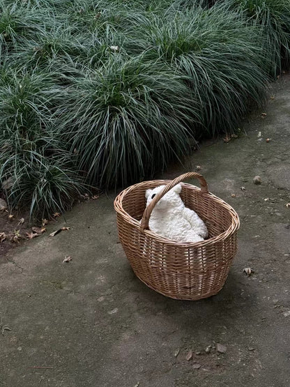 Vintage Large Oval Wicker Basket - Handwoven Handle Storage Basket