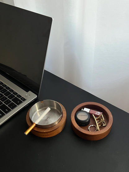 Premium Walnut Wood Ashtray with Lid - Handmade Wooden & Stainless Steel Ash Tray for Home & Office