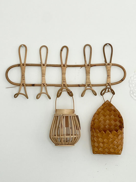 Vintage Indonesian Rattan Wall Hook - Natural 5-Hook Handwoven Design